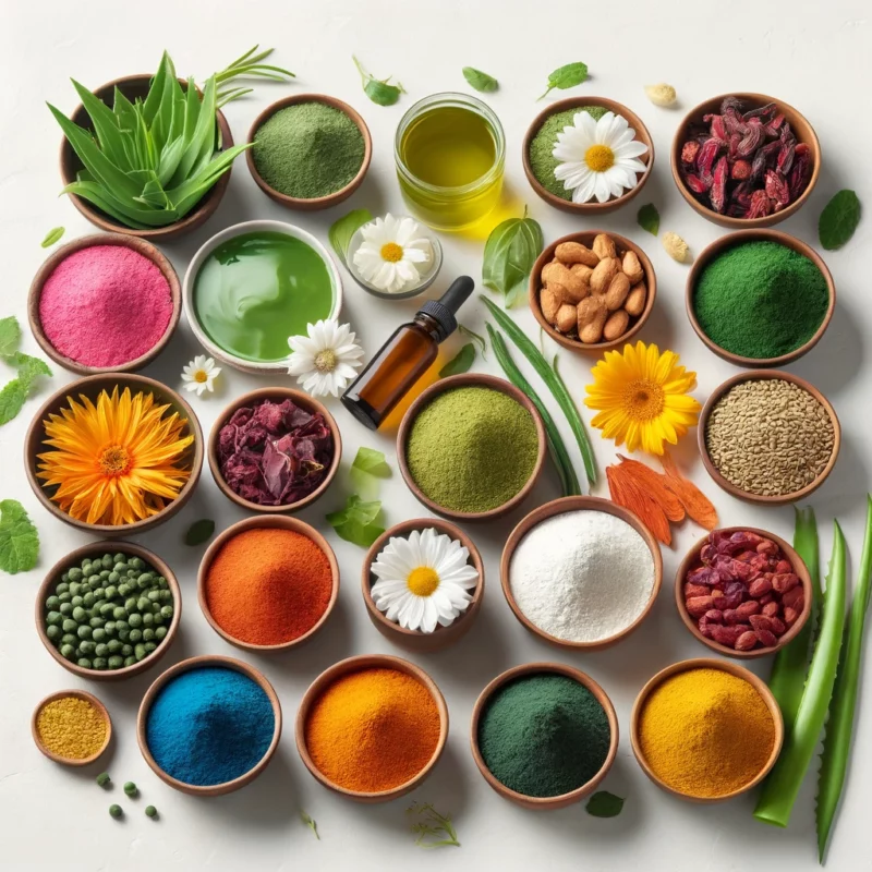 A variety of natural extracts and powders displayed on a clean, white surface. The ingredients include aloe vera extract, green tea extract, chamomile extract, amla powder, hibiscus powder, fenugreek powder, turmeric powder, moringa powder, and spirulina powder. The vibrant colors and textures of the ingredients highlight their natural origins and benefits.