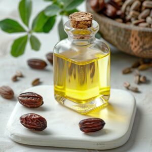 High-quality of Jojoba Oil bottle with dropper, showcasing its natural golden color
