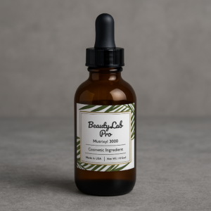 Amber bottle of BeautyLab Pro Mutrixyl 3000 cosmetic ingredient with dropper, used in anti-aging skincare products