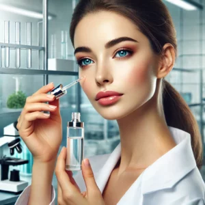 Woman applying clear serum to her face in a laboratory setting.