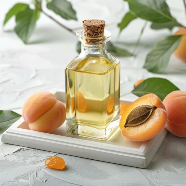 Clear bottle of Apricot Kernel Oil, a natural oil used in skincare.