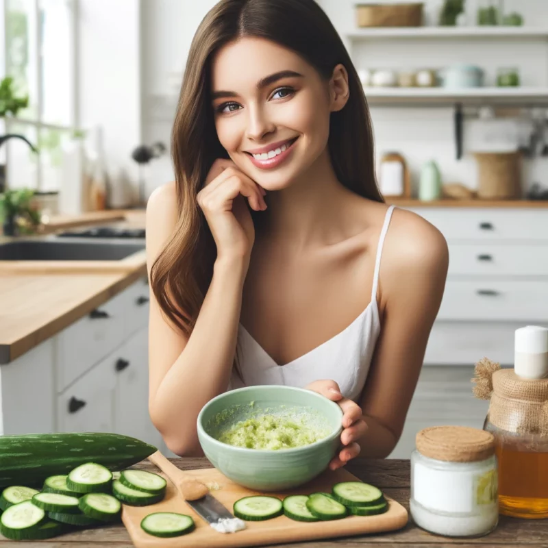 A beautiful young woman making a DIY hydrating face mask in a bright, modern kitchen. She is holding a bowl with a mixture of aloe vera gel, honey, and mashed cucumber. Fresh cucumber slices, a bottle of aloe vera gel, and a jar of honey are neatly laid out on the counter. The woman is smiling and enjoying the process, creating a fresh and inviting atmosphere.