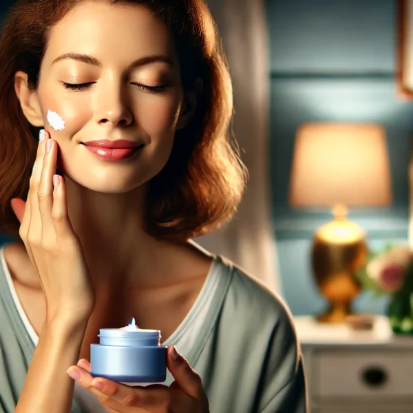 Woman applying night cream to her face - Palmitoyl Pentapeptide-4 (Matrixyl)