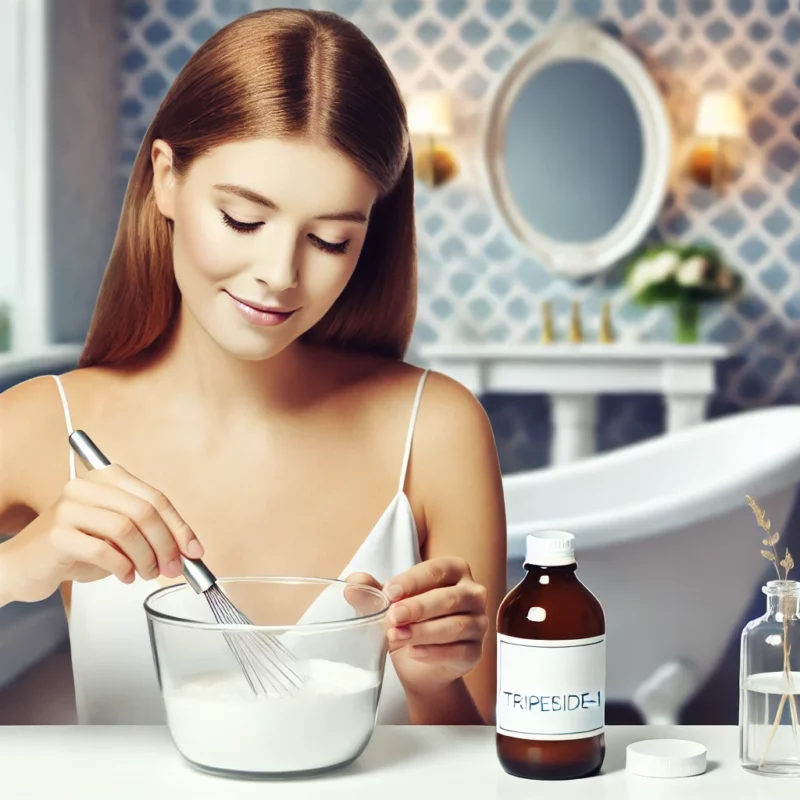 Woman making DIY tanning spray with Tripeptide-1 in a luxurious bathroom setting