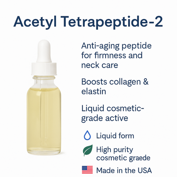 Dropper bottle of Acetyl Tetrapeptide-2 with benefits for skin firmness, collagen, and neck care.