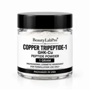BeautyLabPro Copper Tripeptide-1 GHK-Cu powder 1 gram clear jar black lid white background