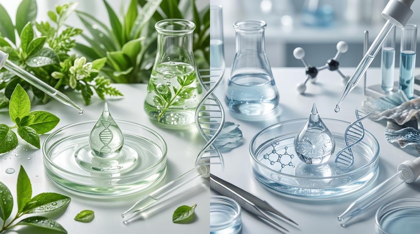 Editorial biotech laboratory visual comparing plant-derived PDRN and salmon-derived PDRN for cosmetic formulation