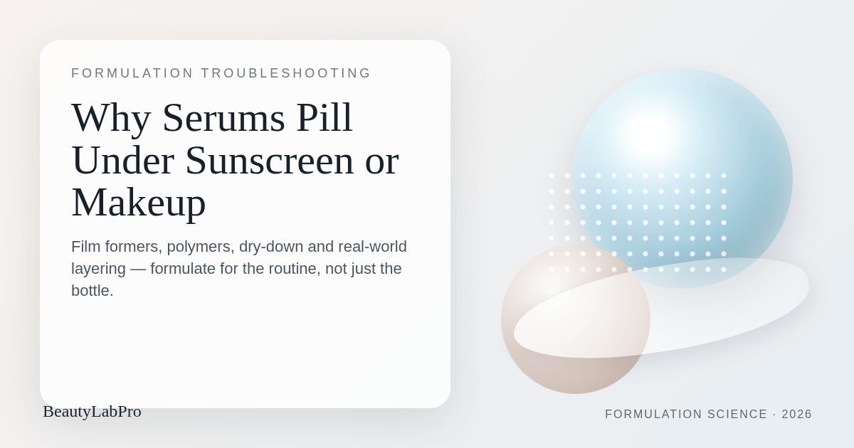BeautyLabPro editorial graphic about serum pilling under sunscreen or makeup caused by layering and film-forming interactions