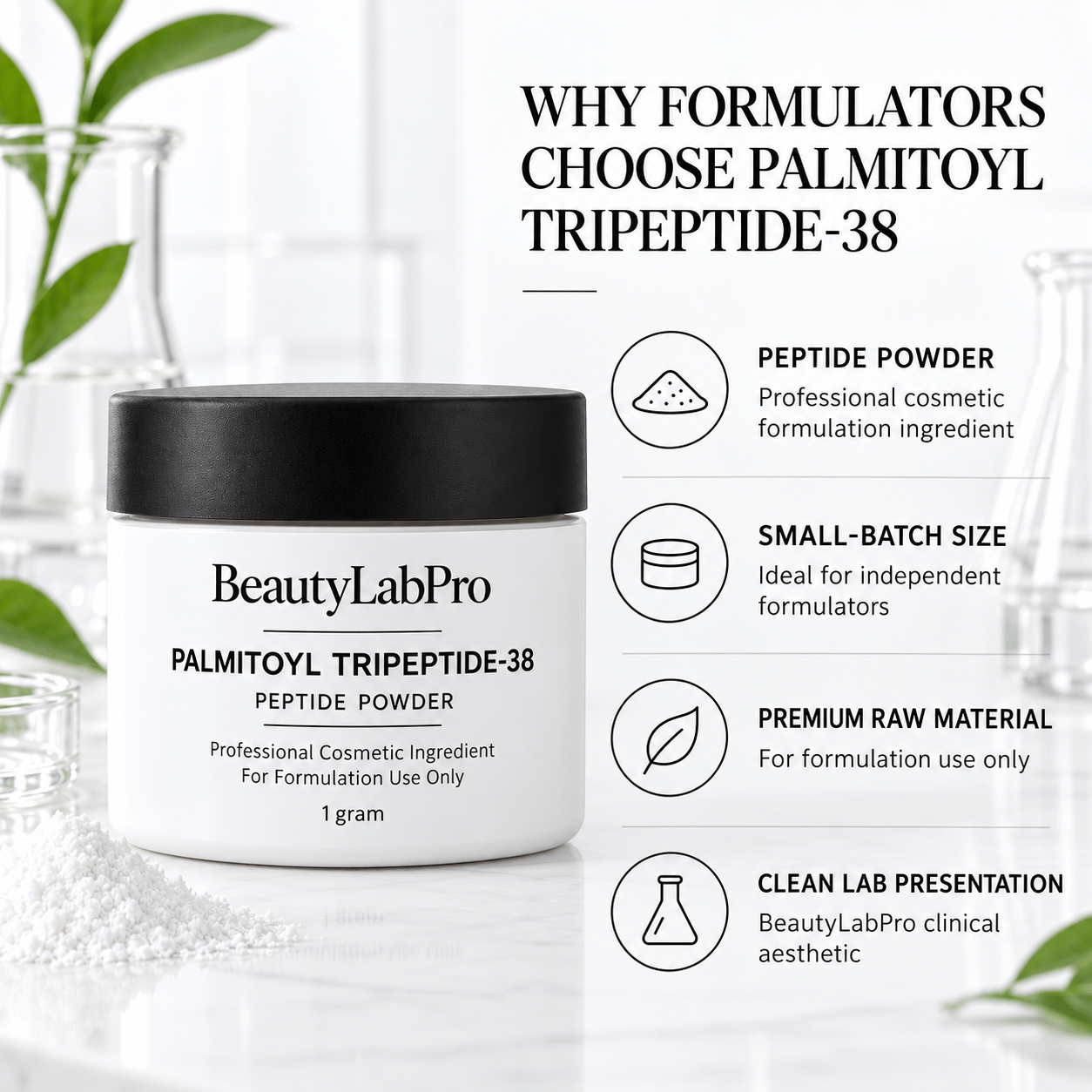 Palmitoyl Tripeptide-38 peptide powder formulator benefits infographic by BeautyLabPro