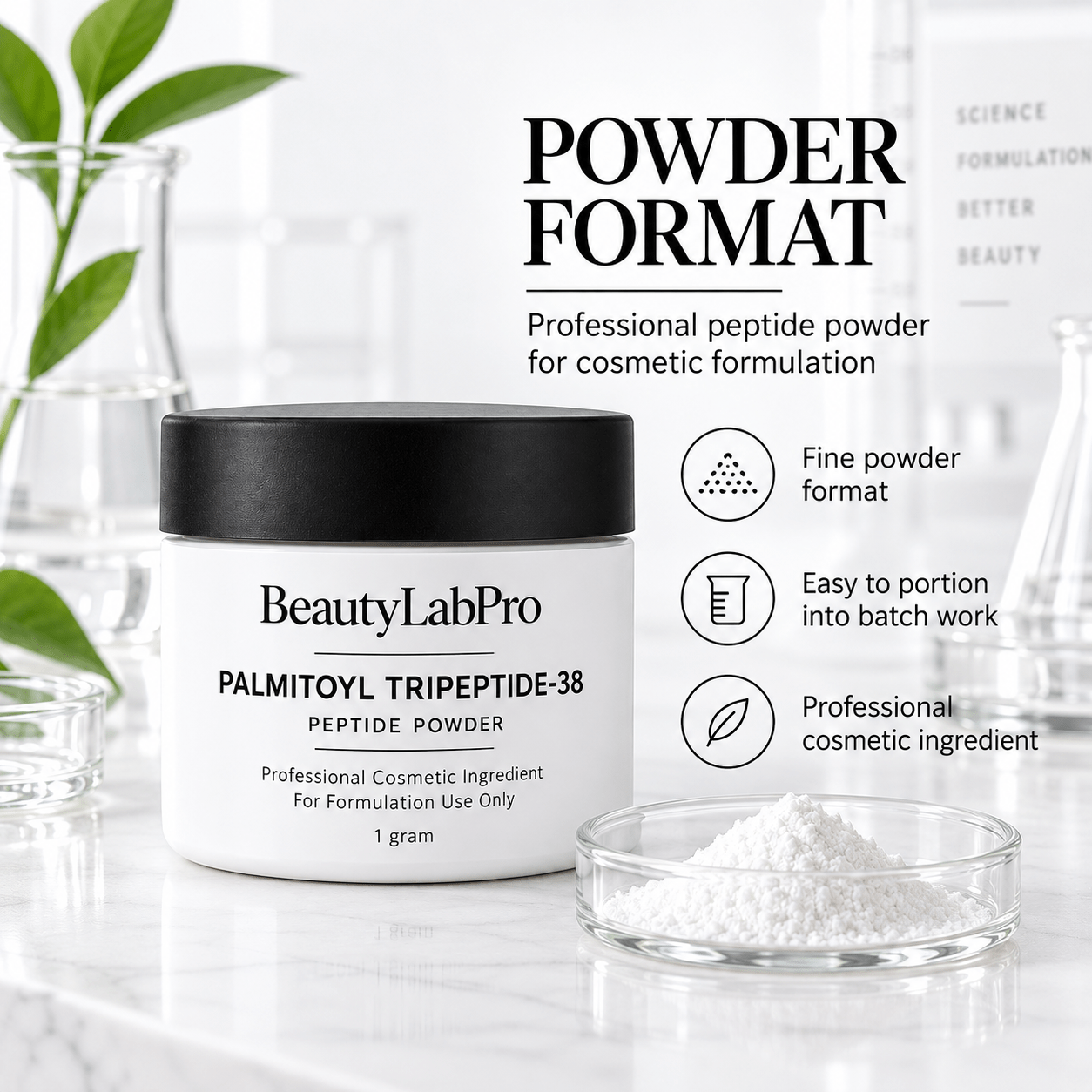 Palmitoyl Tripeptide-38 peptide powder powder format infographic by BeautyLabPro