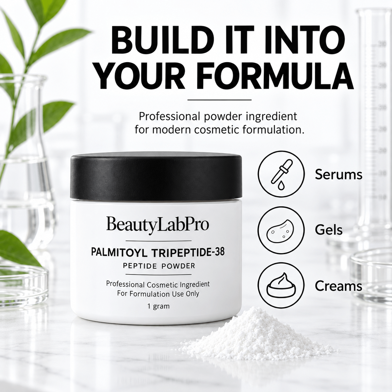 Palmitoyl Tripeptide-38 peptide powder formulation applications infographic by BeautyLabPro