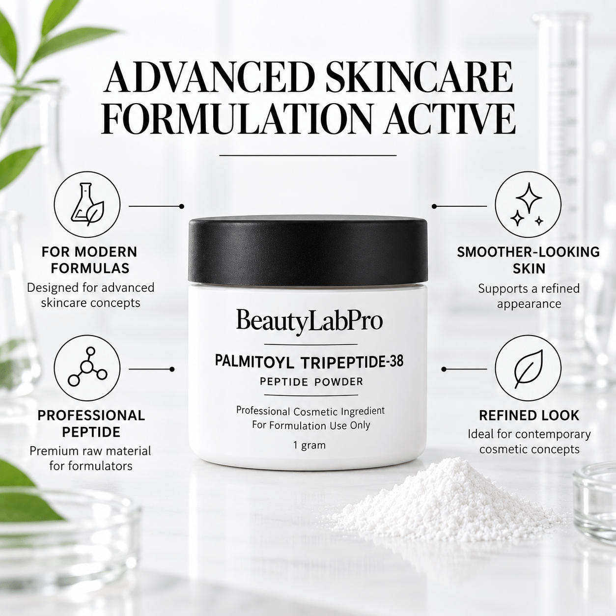 Palmitoyl Tripeptide-38 peptide powder cosmetic formulation active infographic by BeautyLabPro