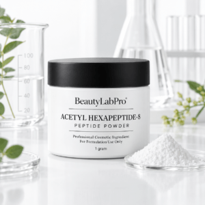 BeautyLabPro Acetyl Hexapeptide-8 powder in a white 1 g jar with a black lid beside a glass dish of white powder.