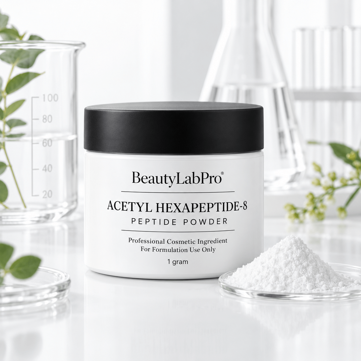 BeautyLabPro Acetyl Hexapeptide-8 powder in a white 1 g jar with a black lid beside a glass dish of white powder.