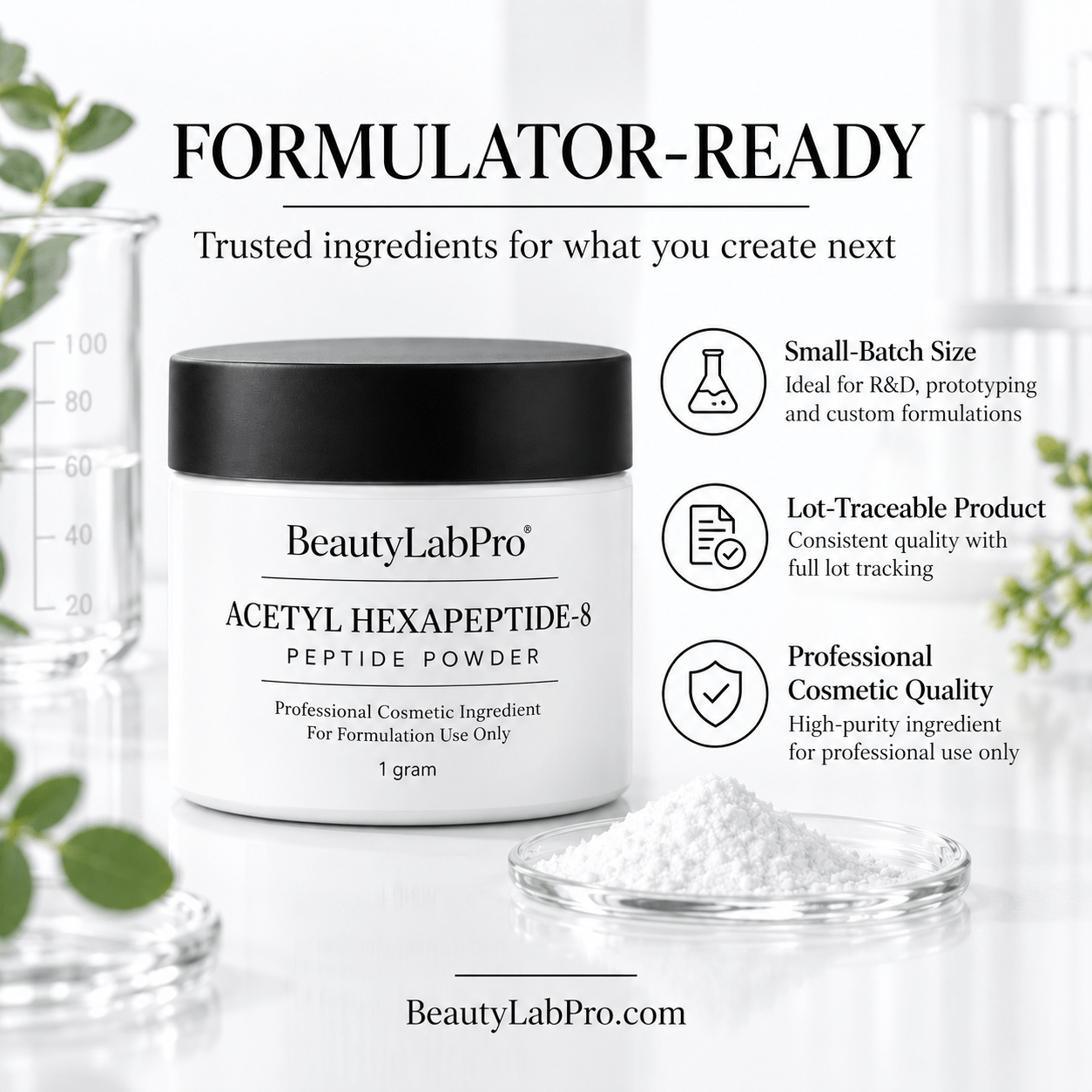 Acetyl Hexapeptide-8 powder infographic highlighting small-batch formulation, lot traceability and cosmetic ingredient quality.