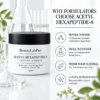 Acetyl Hexapeptide-8 jar with an infographic about peptide powder, small-batch size and cosmetic formulation use.