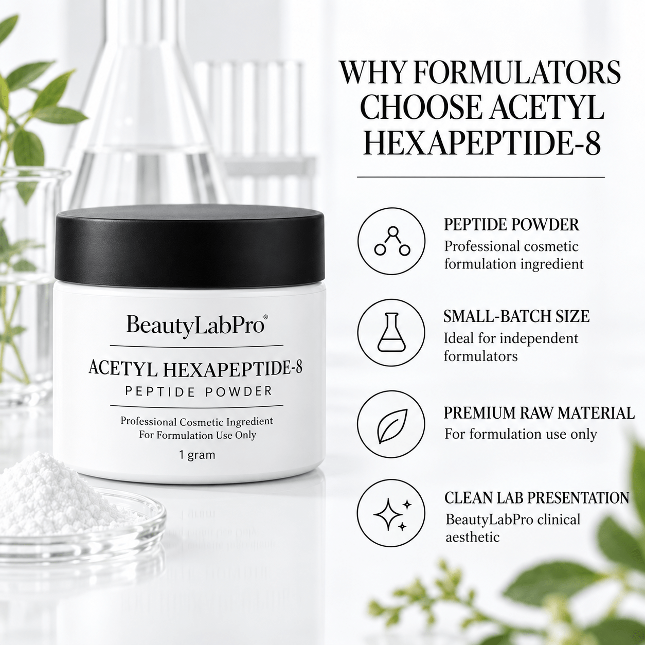 Acetyl Hexapeptide-8 jar with an infographic about peptide powder, small-batch size and cosmetic formulation use.