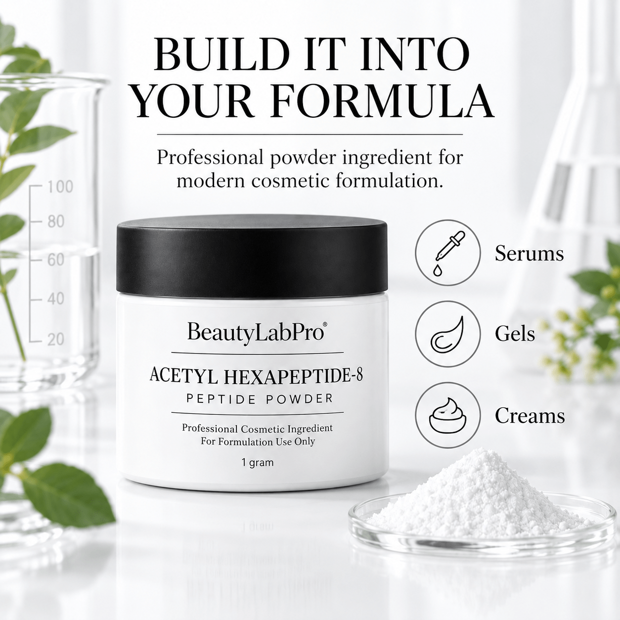 Acetyl Hexapeptide-8 powder jar beside serum, gel and cream icons illustrating cosmetic formulation applications.