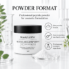 Acetyl Hexapeptide-8 jar and dish of white powder with icons for fine powder format, portioning and cosmetic formulation.