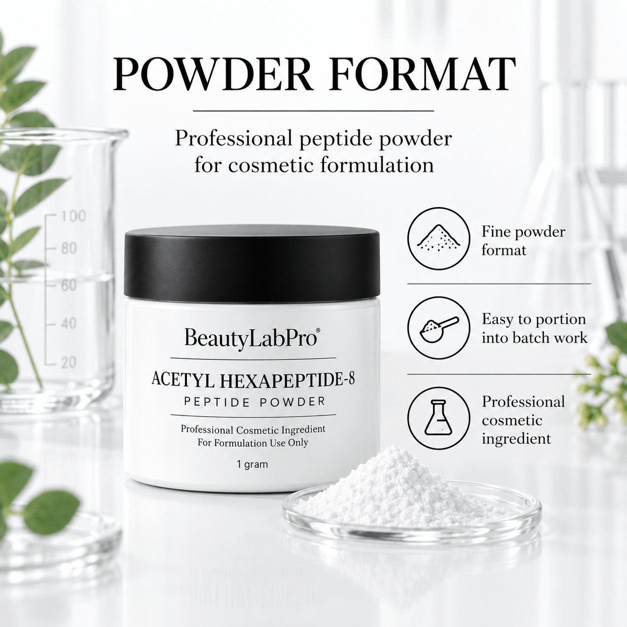 Acetyl Hexapeptide-8 jar and dish of white powder with icons for fine powder format, portioning and cosmetic formulation.