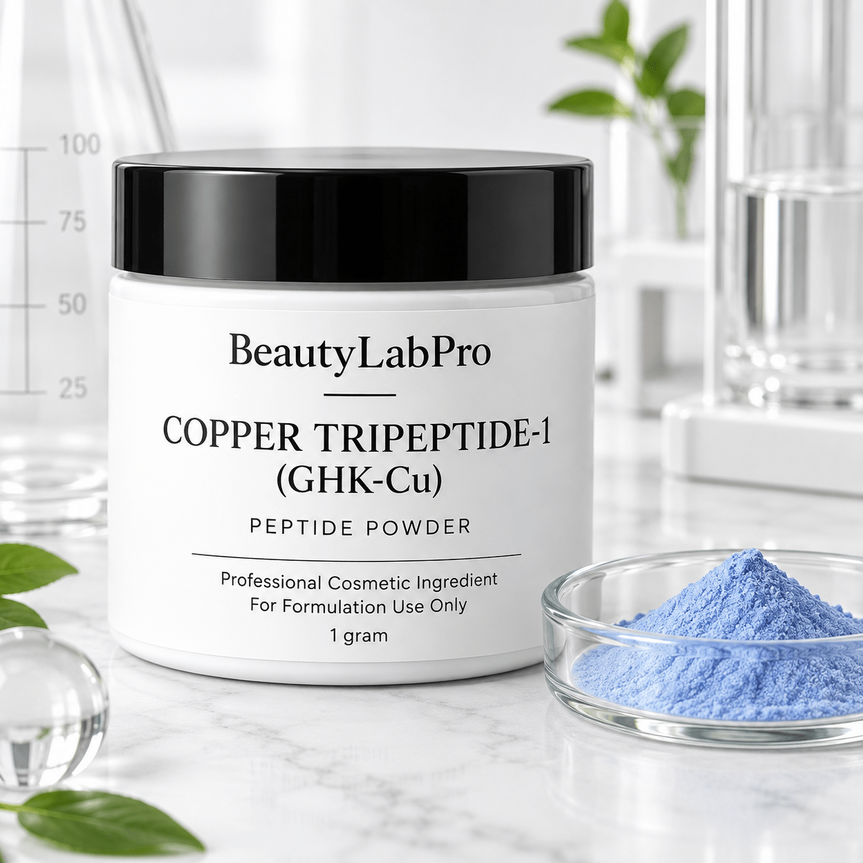 BeautyLabPro Copper Tripeptide-1 (GHK-Cu) in a white 1 g jar with a black lid beside a dish of blue powder.