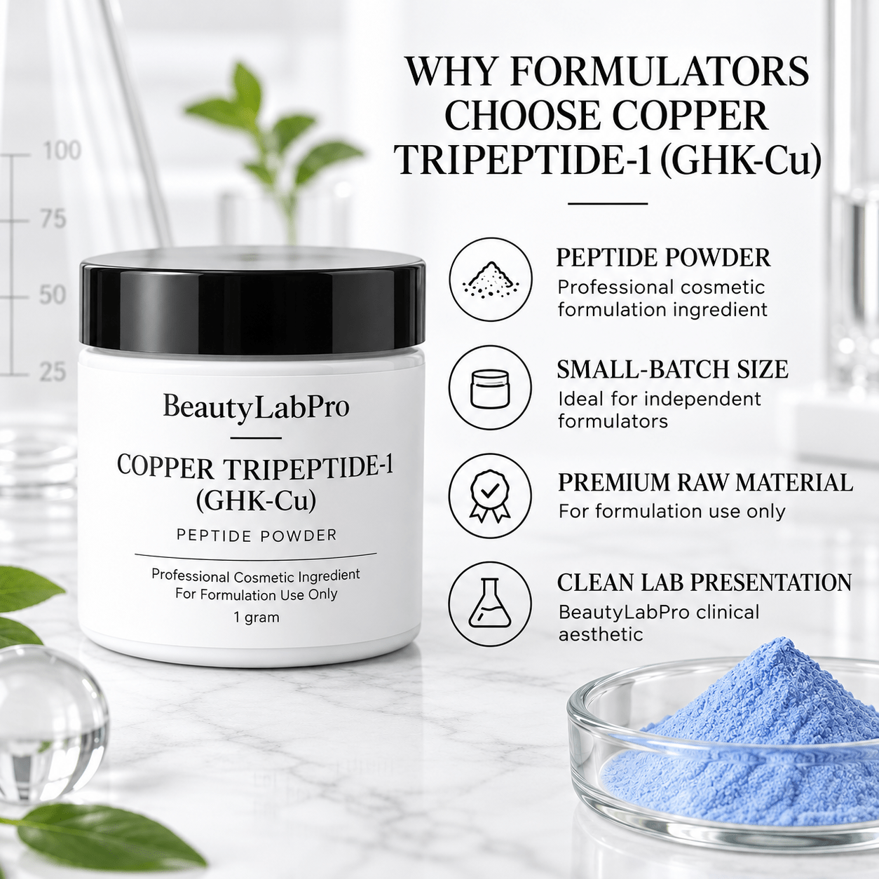 Copper Tripeptide-1 powder jar with an infographic on small-batch size, cosmetic formulation use and laboratory presentation.