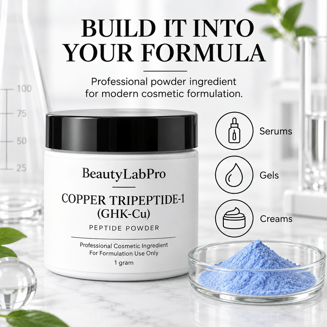 Copper Tripeptide-1 powder jar and blue powder beside serum, gel and cream icons illustrating formulation applications.
