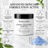 GHK-Cu powder jar surrounded by flask, peptide, face and droplet icons in a skincare formulation infographic.