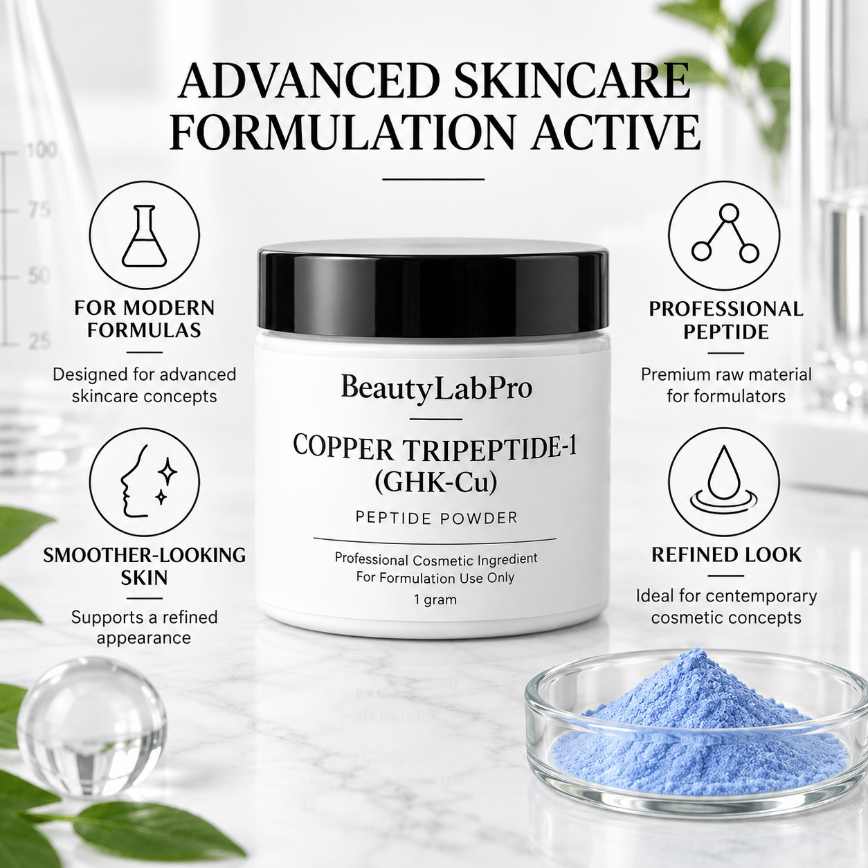 GHK-Cu powder jar surrounded by flask, peptide, face and droplet icons in a skincare formulation infographic.
