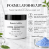 Copper Tripeptide-1 jar beside blue powder, with icons for small-batch development, lot traceability and cosmetic quality.