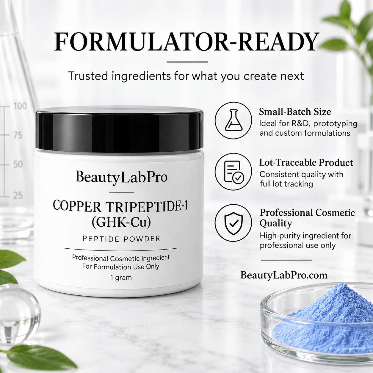 Copper Tripeptide-1 jar beside blue powder, with icons for small-batch development, lot traceability and cosmetic quality.