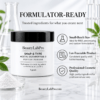 BeautyLabPro SNAP-8 Type powder jar with an infographic about small-batch formulation, lot traceability and cosmetic quality.