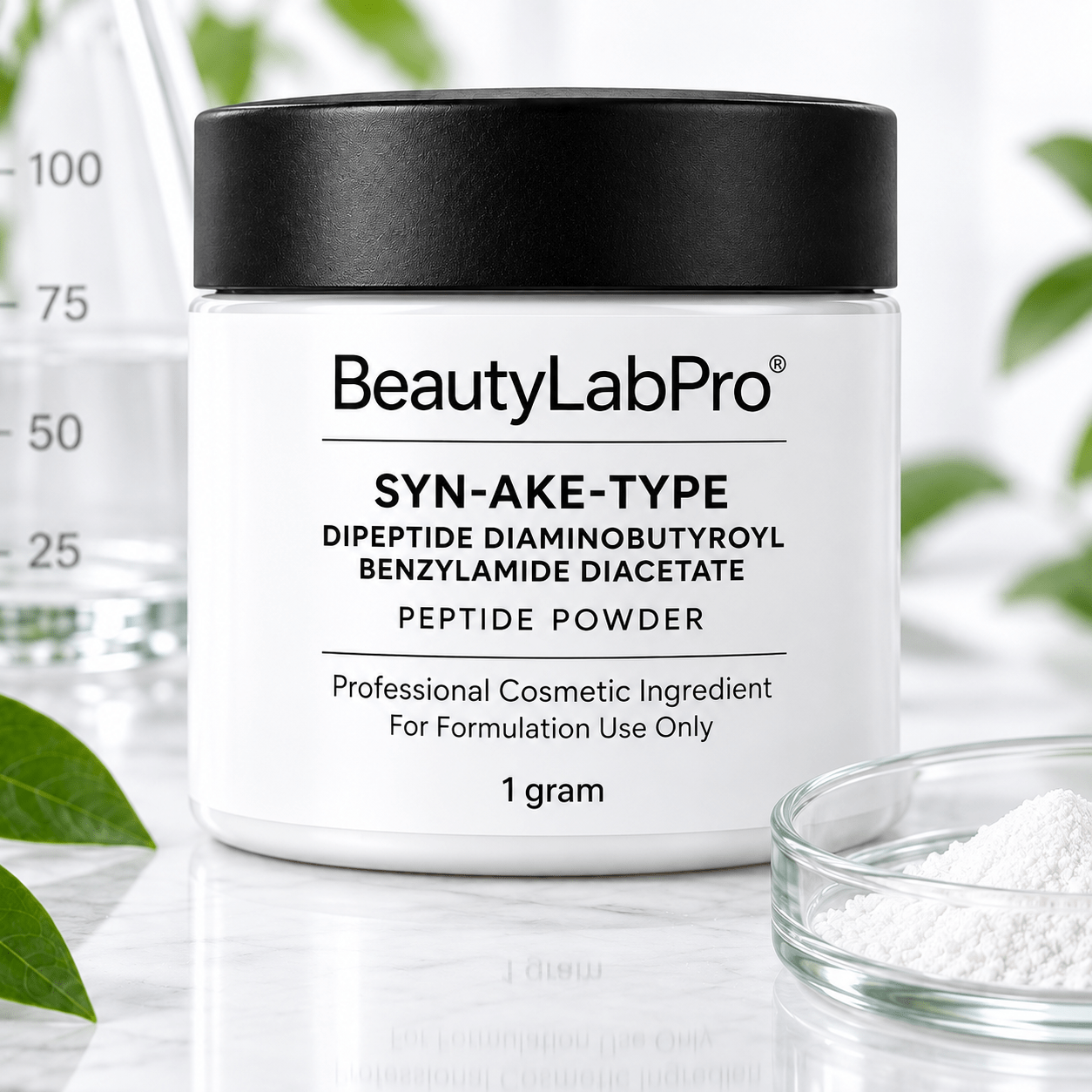 BeautyLabPro Syn-Ake-Type peptide powder, 1 g white jar with black lid beside a glass dish of powder.