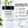 Syn-Ake-Type powder jar with an infographic about small-batch cosmetic formulation and ingredient presentation.