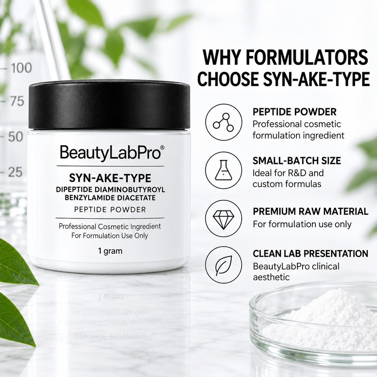 Syn-Ake-Type powder jar with an infographic about small-batch cosmetic formulation and ingredient presentation.