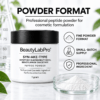 Syn-Ake-Type peptide powder in a white jar beside a powder dish and powder-format infographic.