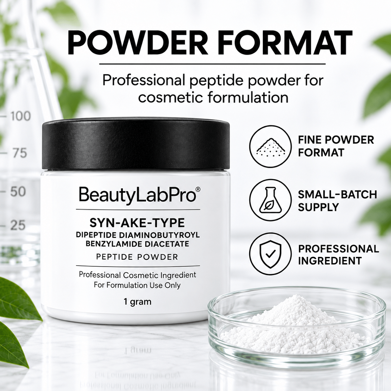 Syn-Ake-Type peptide powder in a white jar beside a powder dish and powder-format infographic.