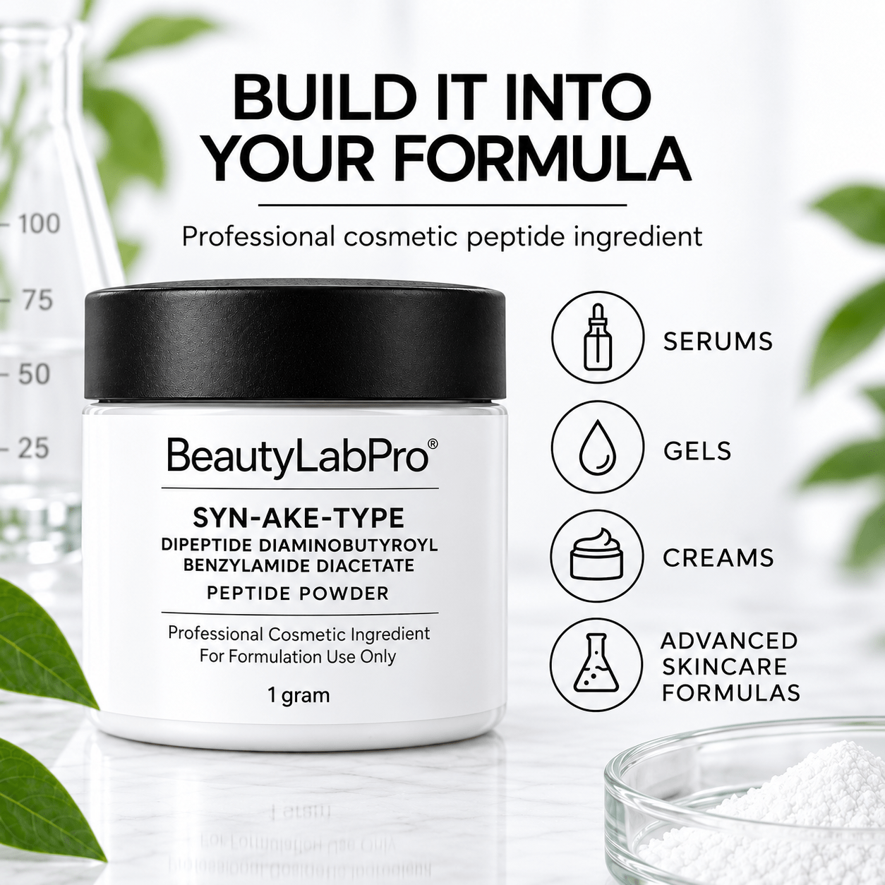 Syn-Ake-Type powder jar with icons for serums, gels, creams and advanced skincare formulas.