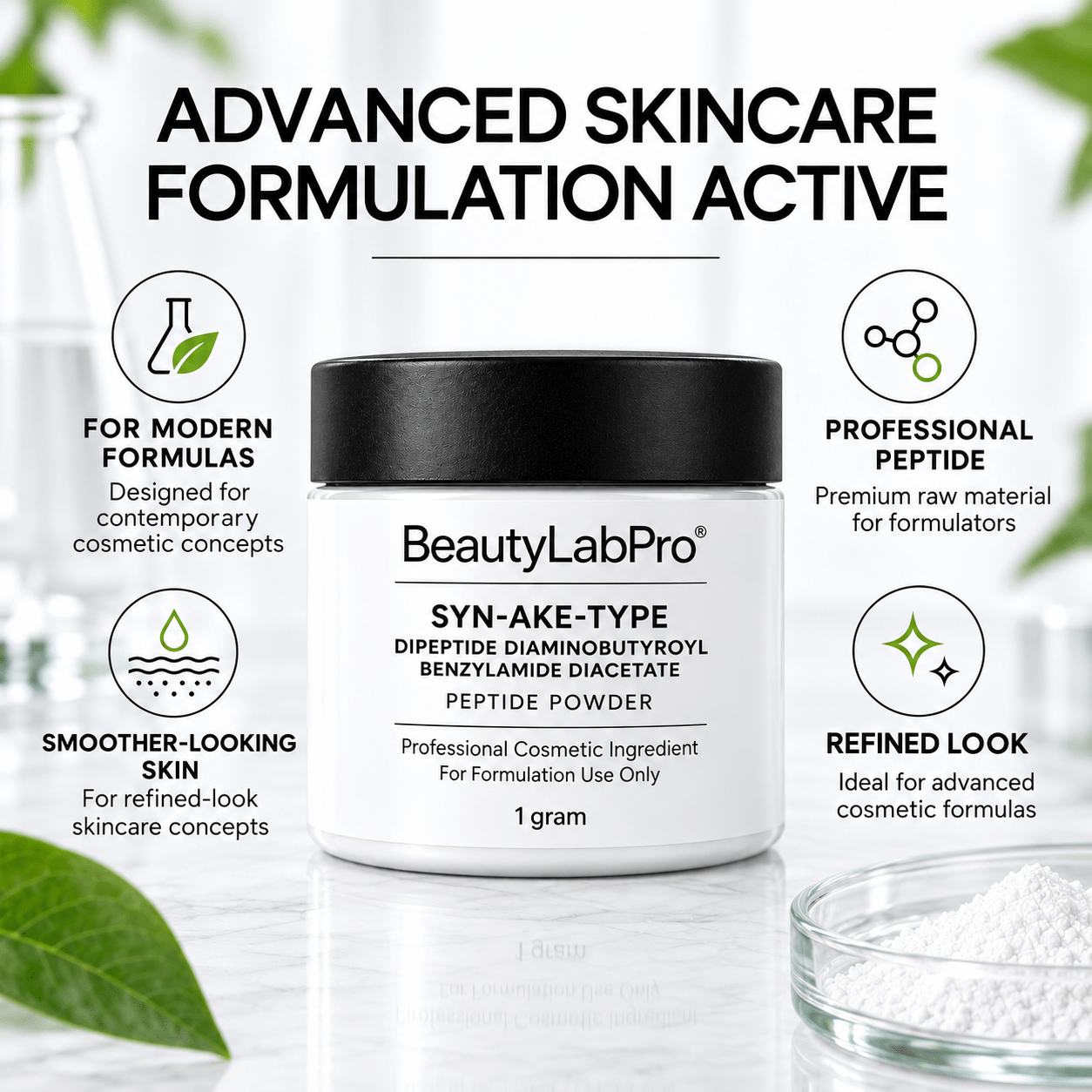 Syn-Ake-Type peptide powder jar surrounded by icons in a skincare formulation infographic.