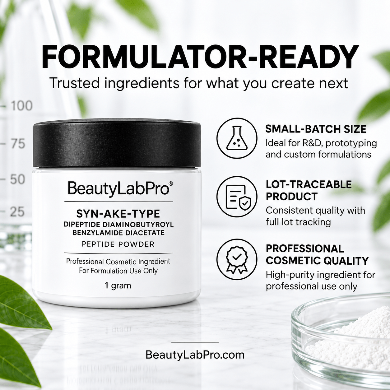 BeautyLabPro Syn-Ake-Type powder jar with small-batch, lot-traceability and cosmetic-quality infographic.