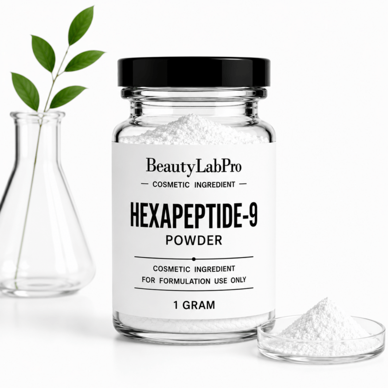 BeautyLabPro Hexapeptide-9 peptide powder 1 gram professional cosmetic ingredient in clear jar with black lid on white background