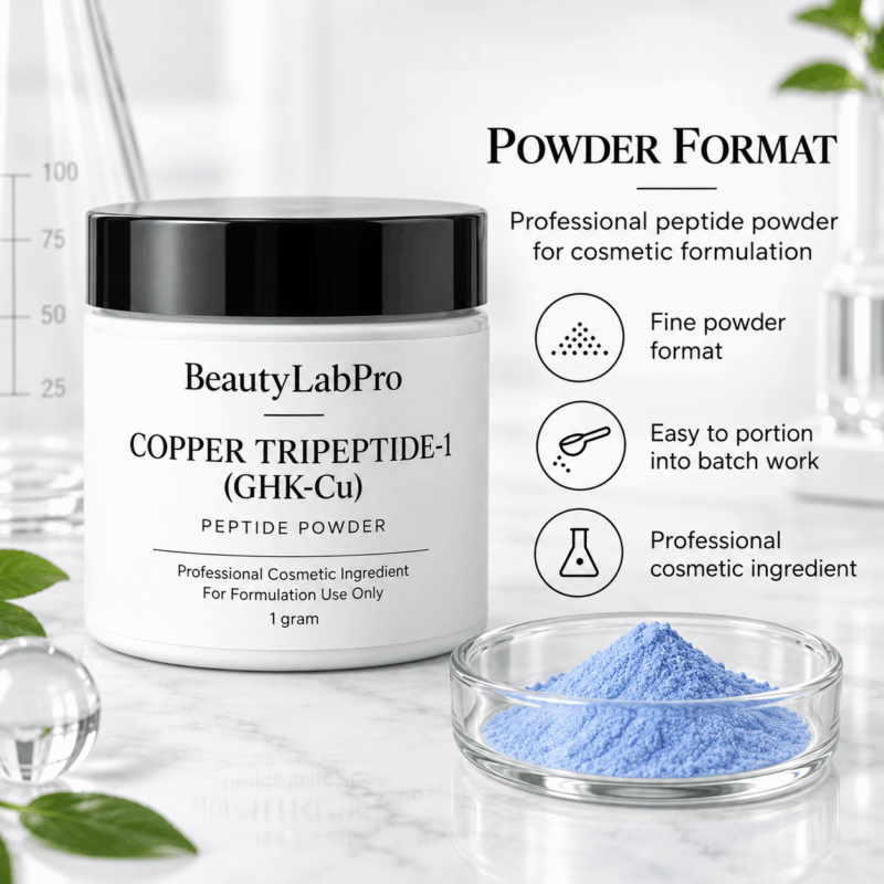 Blue Copper Tripeptide-1 powder in a laboratory formulation scene illustrating copper peptide concentration versus formulation quality