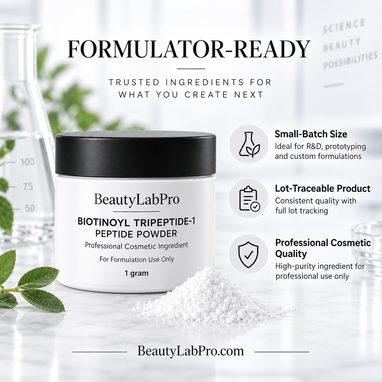 BeautyLabPro Biotinoyl Tripeptide-1 powder with small-batch and formulation supply information