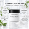 Biotinoyl Tripeptide-1 powder jar with an infographic about cosmetic formulation applications