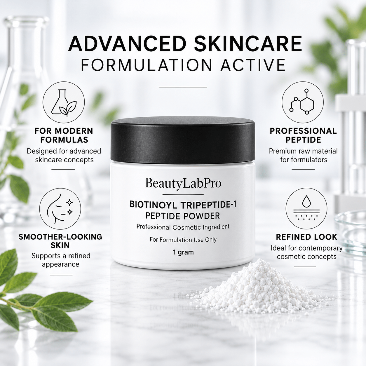 Biotinoyl Tripeptide-1 powder jar with an infographic about cosmetic formulation applications