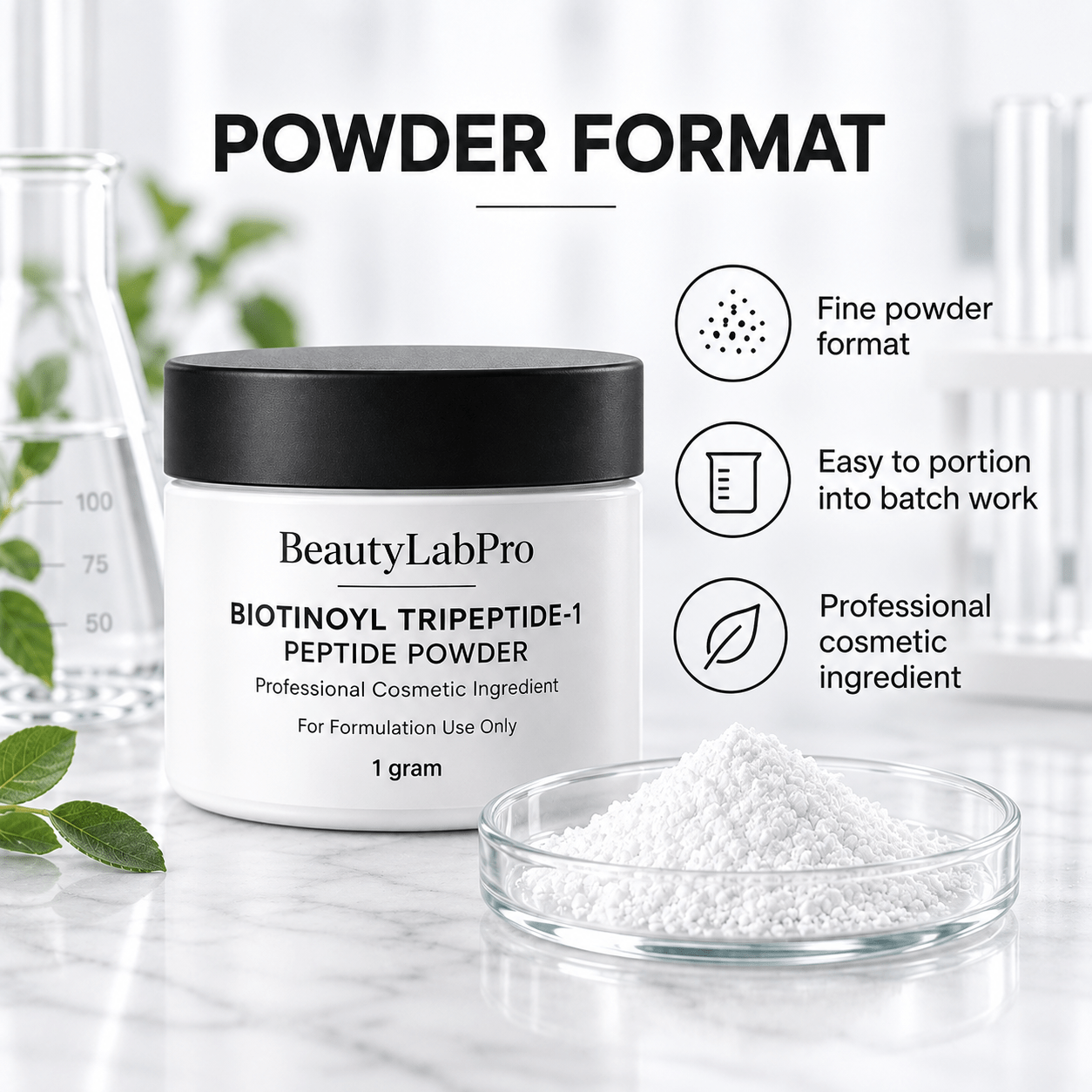 Biotinoyl Tripeptide-1 jar beside a dish of white powder with powder-format information