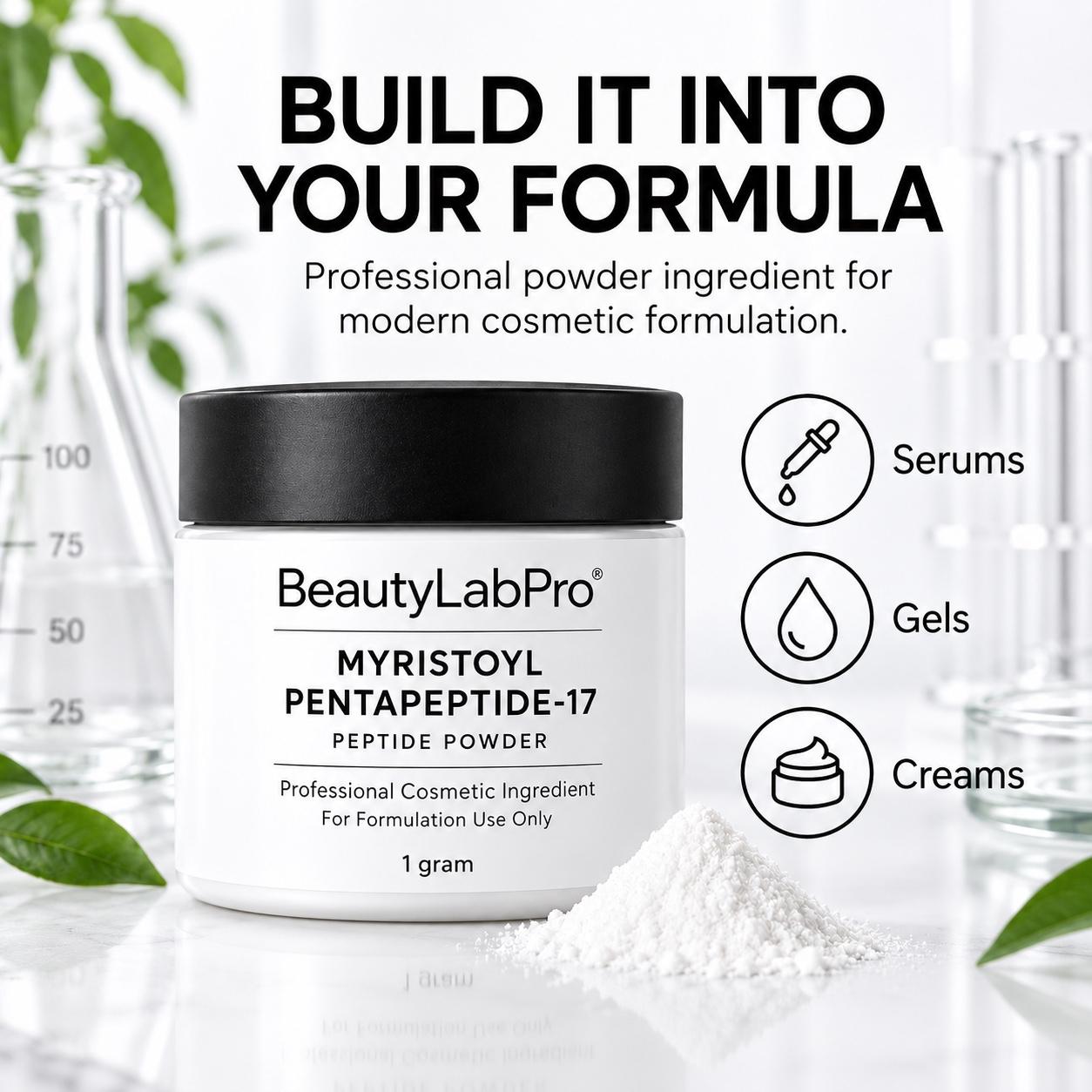 Myristoyl Pentapeptide-17 powder formulation infographic showing serums gels and creams