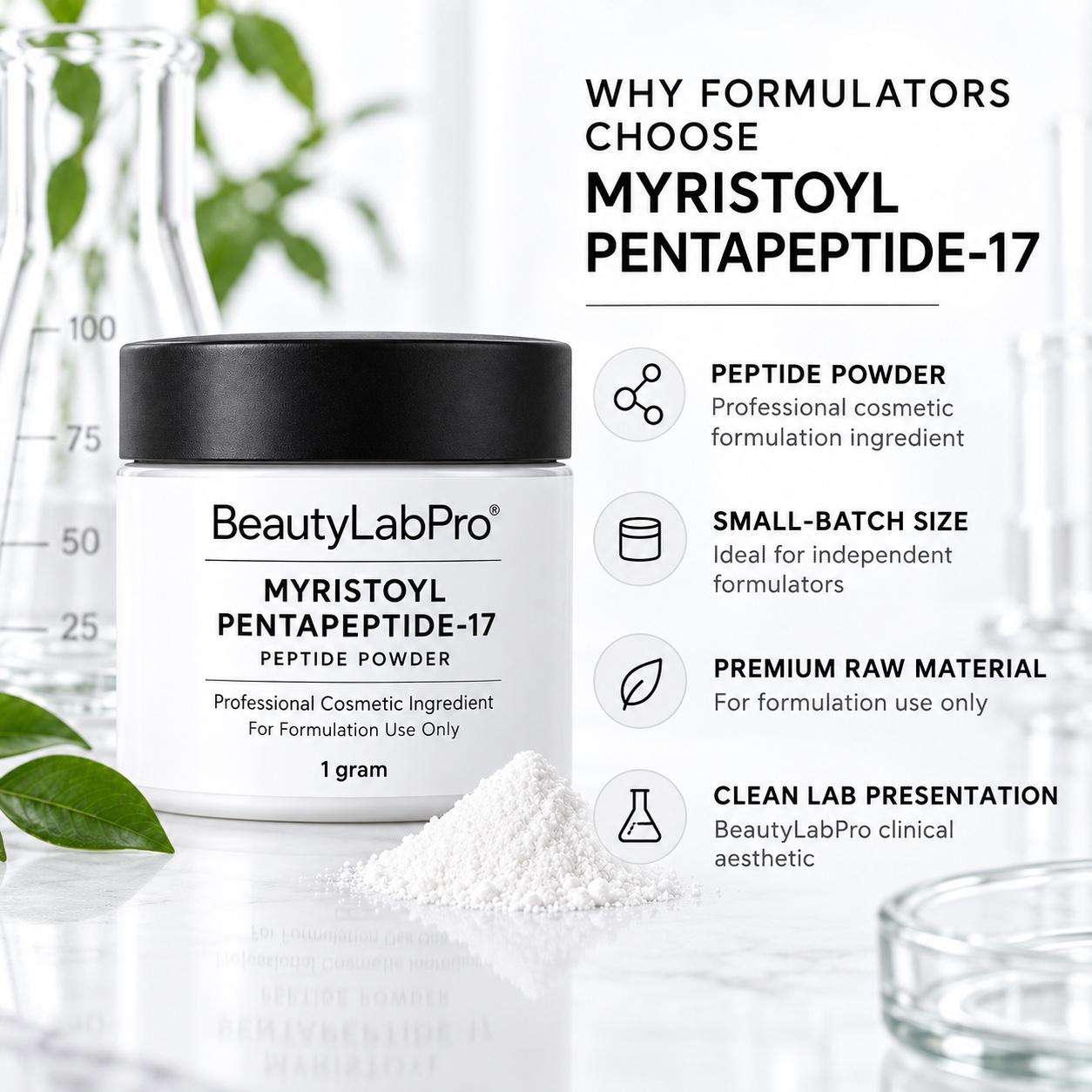 Myristoyl Pentapeptide-17 peptide powder infographic for cosmetic formulators