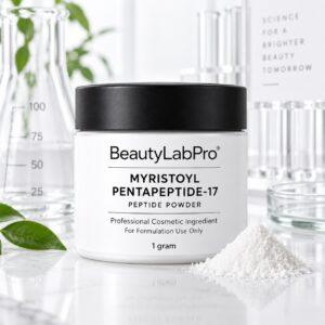 White jar with black lid containing Myristoyl Pentapeptide-17 peptide powder by BeautyLabPro