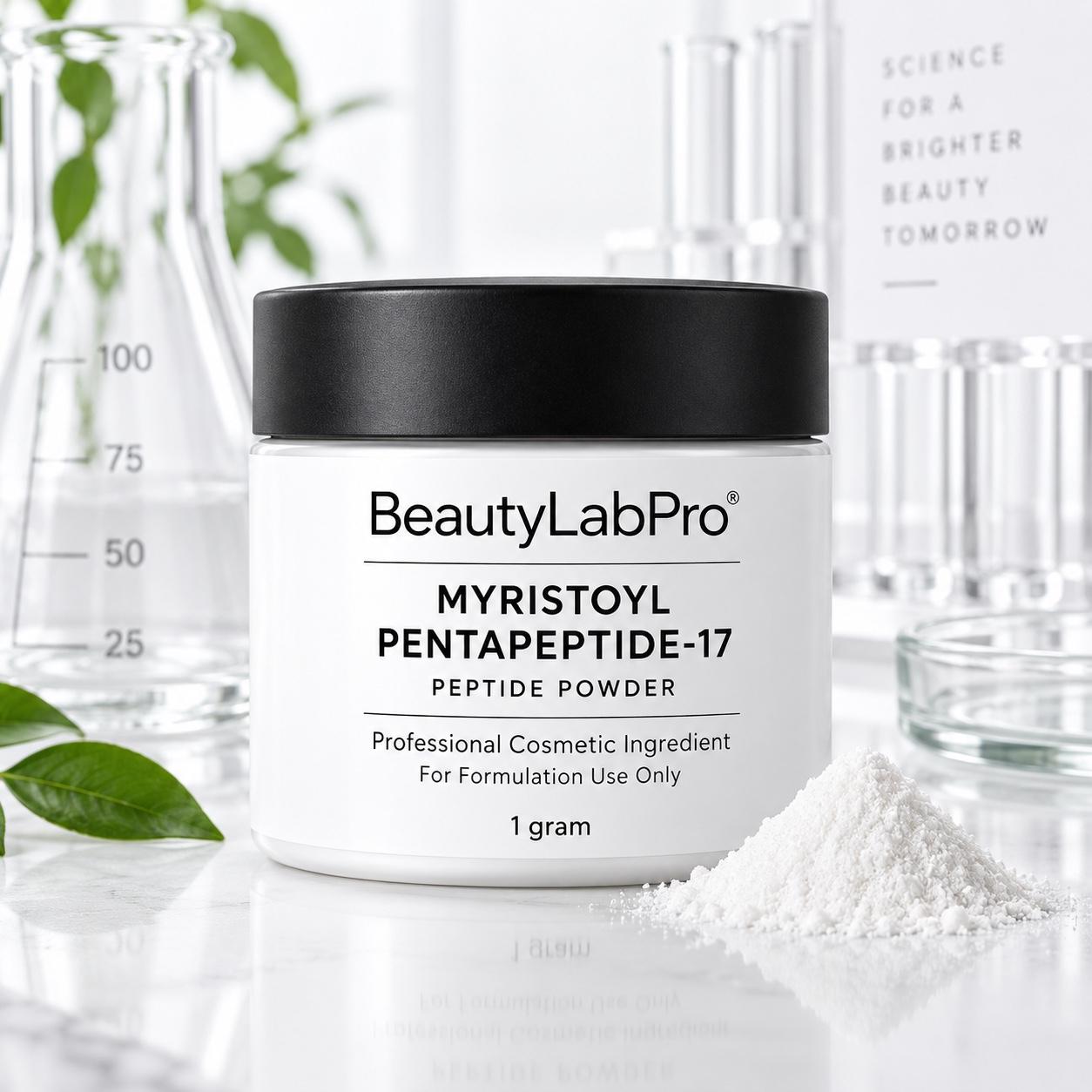 White jar with black lid containing Myristoyl Pentapeptide-17 peptide powder by BeautyLabPro